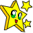 A yellow star-shaped character with green eyes and a red mouth, surrounded by two smaller stars on a white background.