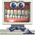 Pixelated computer monitor with blue bow tie, red mouth interior, and white teeth; left view shows full teeth , right view has black horizontal bar over lower teeth