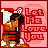Pixel art contact sheet showing two frames of an animated buddy icon with a cartoon character and text on pink background.