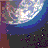 Pixelated image of a celestial body with multicolored surface patches against dark background, featuring blue and purple gradient sky.