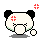 Pixel art contact sheet of four panda expressions with red and blue symbols, pink Japanese text, and gray shadows on a transparent background.