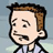 Pixelated cartoon head with brown hair, light skin tone, and a neutral expression against a gradient background.
