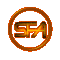 Animated sequence of orange-gold circular frames containing stylized text and symbols rotating through multiple orientations against a gray background.