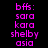 Pixelated text list with pink letters on black background, showing 'bffs:', 'sara', 'kara', 'shelby', and 'asia' in two where one 's highlighted shifts between entries