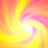 A swirling abstract pattern of yellow, orange, and pink pixels radiates from a bright white center against a dark green background with pixelated text.