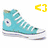 Four high-top sneakers in cyan, yellow, pink, and green arranged in a with colored arrow icons above each pair
