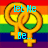 Two golden female gender symbols on a rainbow flag background with cyan text reading "let Me be..." and "your little boy blue".
