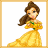 Pixelated character in yellow gown with green accents, brown hair styled up and down, holding a bouquet of flowers.