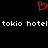 Red pixelated heart symbol above repeated white text 'tokio hotel' on black background.