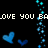 Animated pixel art with blue hearts and text fragments on black background, featuring vertical particle stream.