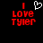 Pixelated red text 'I LOVE TYLER' with a white heart symbol above 'I' on black background, shown in two states.