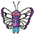 Pixelated cartoon butterfly with purple body, white wings, red eyes, and blue legs in two animation frames showing wing position changes.