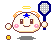 Pixel art contact sheet showing two frames of a cartoon character with tennis racket, pink cheeks, blue star on forehead, and yellow halo-like shapes above head.