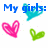 Pixelated blue text lists names next to colored hearts on a white background with a gray rectangle.