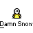 A 3x3 contact sheet of a pixel art animation showing a yellow stick figure character with white hair and neutral expression against gray background, repeating the phrase "Damn Snow" across three rows as snow clouds shift position frame by frame.