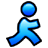 Pixelated blue stick figure with rounded head, outstretched arm, and legs in walking pose on gray background.