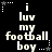 Black background with white pixelated text reading "i luv my football boy ..." arranged in three , surrounded by small star and dot patterns