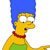 Yellow-skinned cartoon character with blue hair, red collar, green apron, and wide eyes looking right.