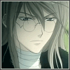 Anime-style character with long light brown hair and round glasses, wearing a dark jacket over a high-collared shirt in six sequential facial expressions.