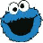 Blue cartoon character with large white eyes and black pupils, wide open mouth showing dark interior, positioned next to multiple instances of the word 'cookies!!!' in varying blue shades on a dark background.