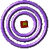 Purple torus rings rotate around a central cube with red and green faces on gray background.