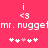 Pixelated pink background with white text 'mr. nugget' and repeated '<3' symbols above, plus heart-and-star patterns below.