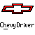 Pixelated red and black Chevrolet bowtie logo above pixelated text reading 'Chewy Driver' on gray background.