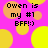 Pixelated text 'Owen is my #1 BFF! :)' on a pink background with yellow and orange circles, some of which are partially cut off.