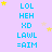 Light purple background with blue text and yellow stars; text repeats 'LOL', 'HEH', 'XD', 'LAWL', '=AIM' in four ; stars shift position across frames