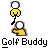 Animated contact sheet of a golf-themed buddy icon showing six sequential frames with yellow stick figures, white heads, and black golf clubs against a gray background, displaying motion from standing to swinging and hitting the ball.