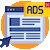 Pixelated icon shows a browser window with blue content blocks, orange border, and yellow banner reading 'ADS' in dark blue letters.