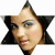 A star-shaped icon with a woman's face on the left side and blue feather-like patterns on the right, both within black star points.