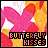 Animated contact sheet of a 48x48 pixel buddy icon showing three frames with pink butterfly wings over orange-yellow background and "BUTTERFLY KISSES" text in blocky font.