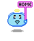 Pixelated blue character with yellow halo holding pink sign reading HOME, shown in four variations with winged and non-winged states.