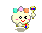 Pixelated character with pastel hair buns holds a striped rattle, displaying multiple facial expressions and arm positions across frames.