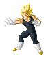 Four pixel-art frames of a character with spiky yellow hair, black sleeveless outfit, white gloves, and yellow-tipped boots in dynamic poses against gray background.