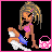 Pixel art doll with blonde braided hair, pink bikini top, blue shorts, and pink polka-dot purse on black background with pink border.