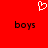Red background with white pixelated heart symbol above two black pixelated 'boys' texts.