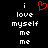 A black background displays white pixelated text reading "i love myself me" with a red heart symbol above the first 'i'.