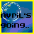Pixelated icon with blue gradient background featuring circular light effect and text 'AVRIL'S going...' on left, yellow border surrounding the entire image.