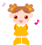 Pixel art doll avatar with brown pigtails, yellow dress, and yellow boots, showing four distinct facial expressions against gray background with pink musical notes.
