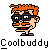 Pixel art icon of a cartoon character with orange hair, black glasses, and purple shoes against gray background, labeled "Coolbuddy" below.
