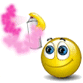 Yellow smiley face with blue eyes holding a spray can, emitting pink smoke or text in various configurations.