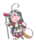 Animated character with closed eyes holding a staff and drum, wearing red and white clothing with a green headpiece, standing on a white background.