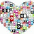 Heart-shaped collage of small icons on white background, purple text on black background, and control buttons with purple text.