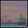 Pixel art animation of yellow-orange striped squares moving across a background with ships and cranes at sunset.