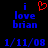 Blue pixelated text 'i love brian' with red heart symbol above, dated 1/11/08 on black background; two identical frames show static display.