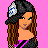 Pixelated icon of a woman with long brown hair wearing a black and white checkered headband, pink top, and black pants against a bright pink background.