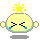 Pixelated yellow circular character with closed eyes, blue tears, and a star crown on gray background.