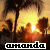 Animated sunset scene with palm trees and silhouetted figures, text 'amanda' below in white outline font.